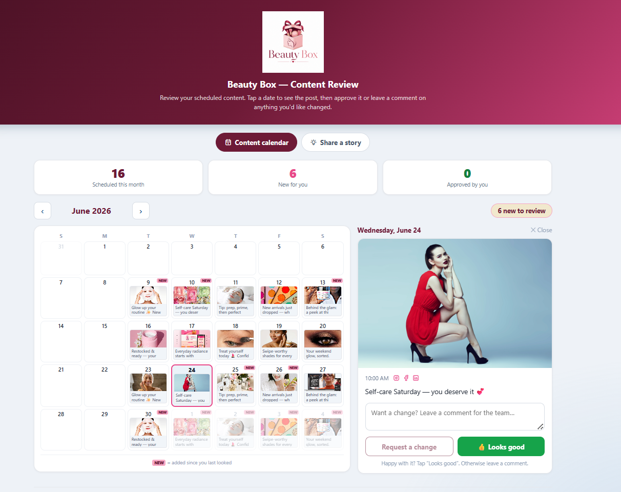 Branded client review portal — approve in one tap