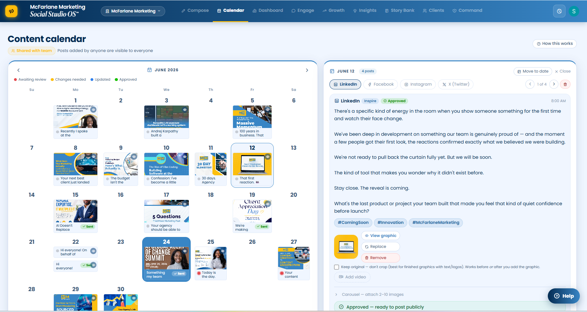 Social Studio OS — shared team content calendar